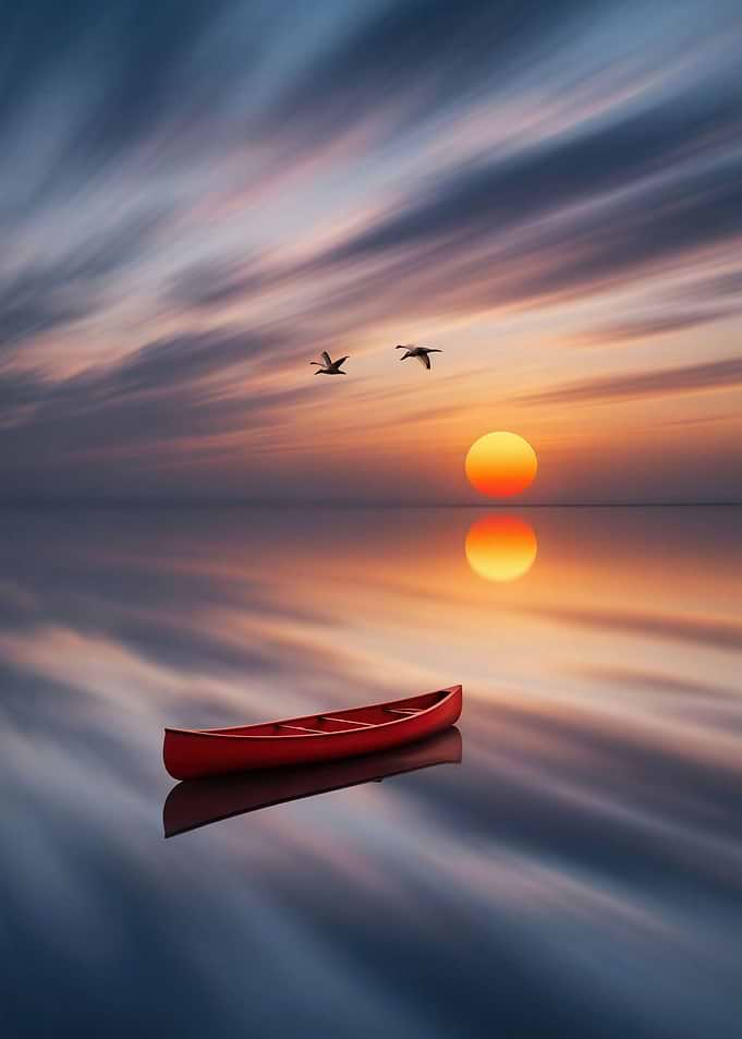 Red Canoe on Calm Sunset Lake