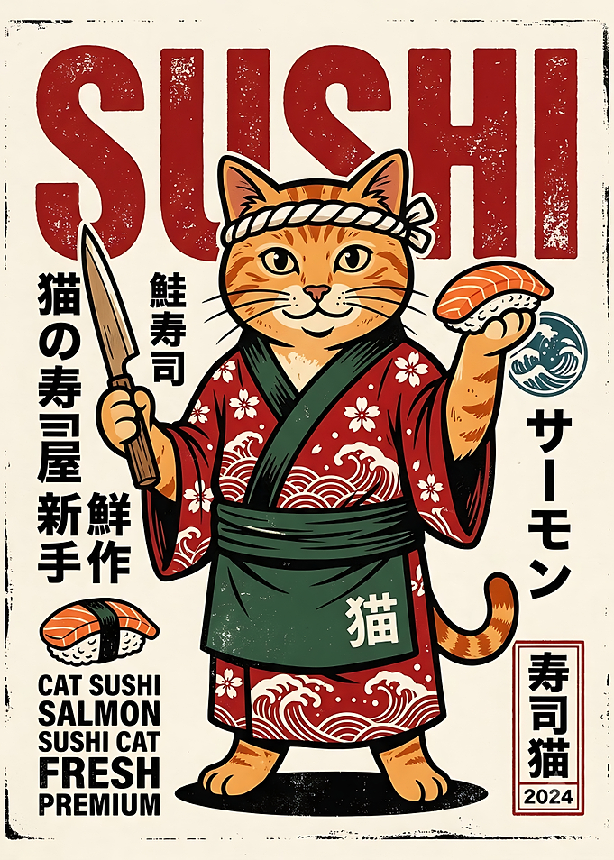Vintage Style Sushi Cat Poster