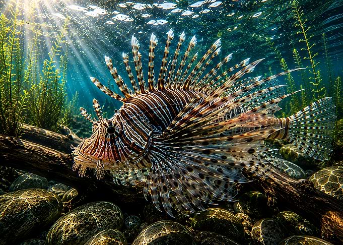 Lionfish Swimming in Sunlit Waters