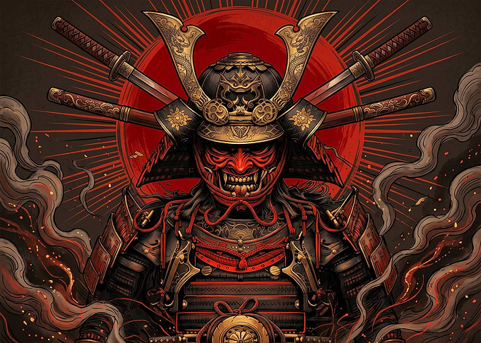 Intimidating Samurai Warrior with Katana Swords