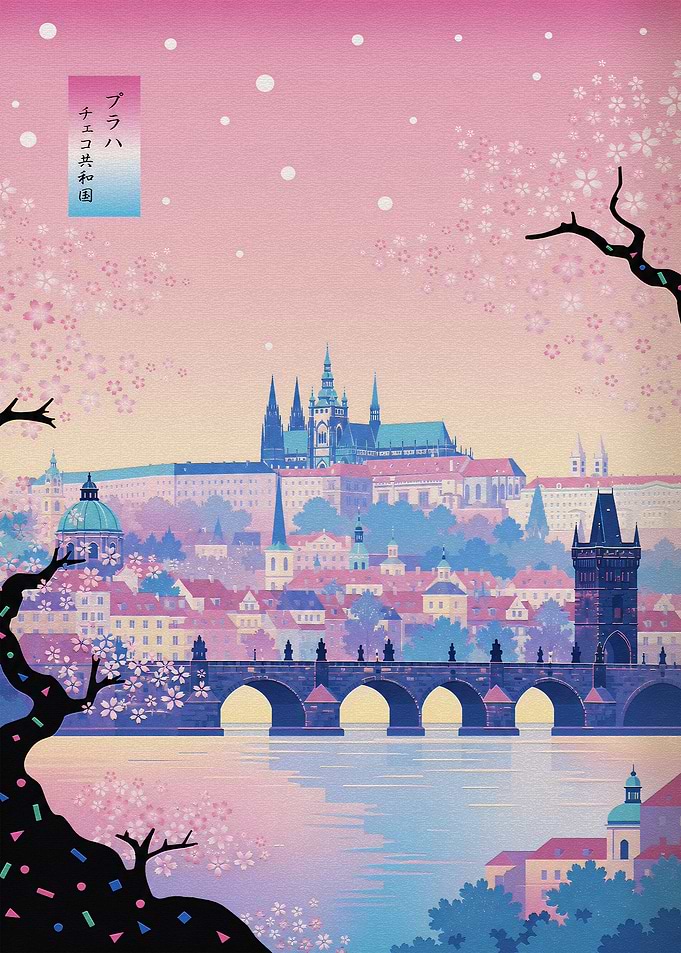 Prague Cityscape with Cherry Blossoms