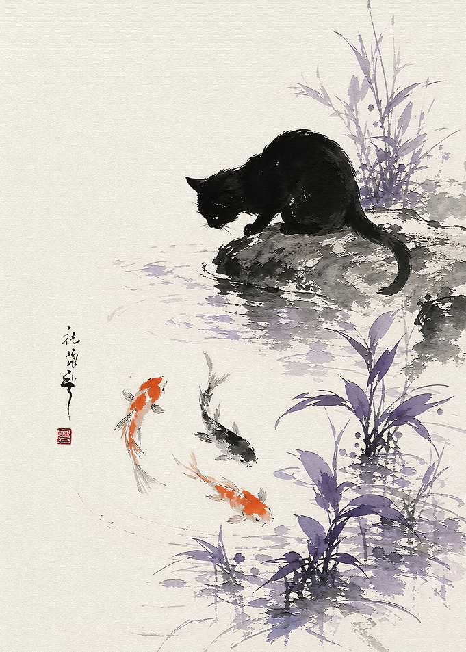 Black Cat Watching Koi Fish