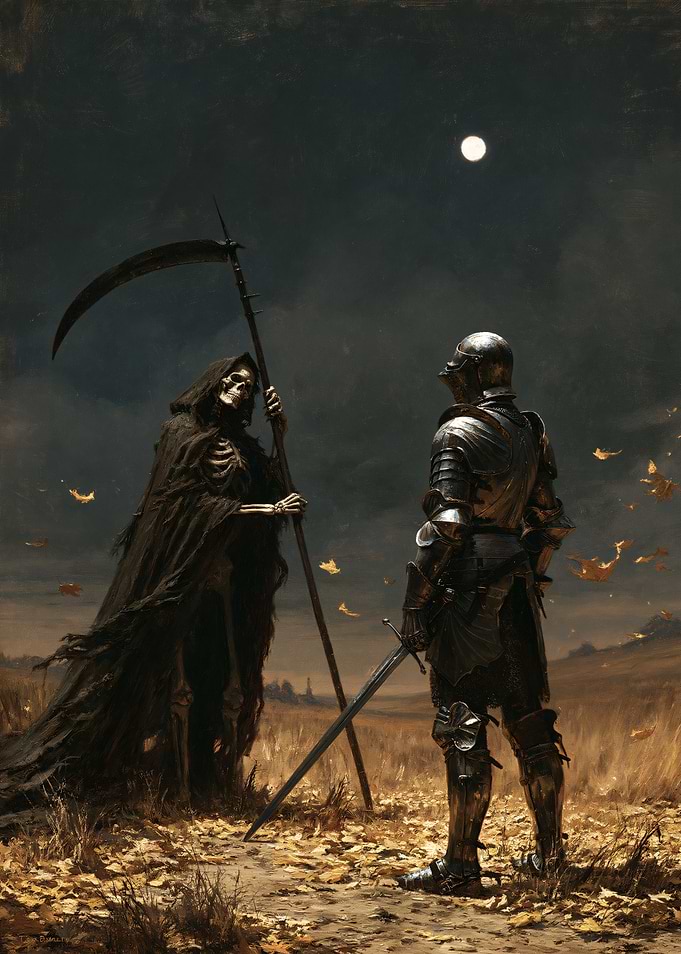 Medieval Knight Confronting the Grim Reaper