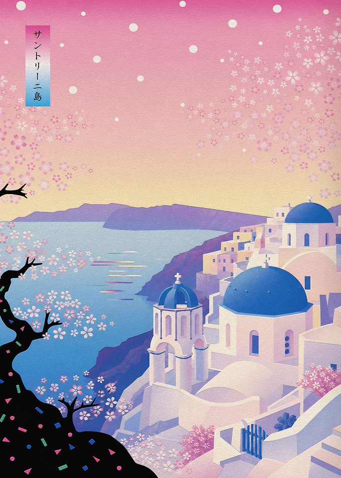 Santorini Cherry Blossom Landscape Art