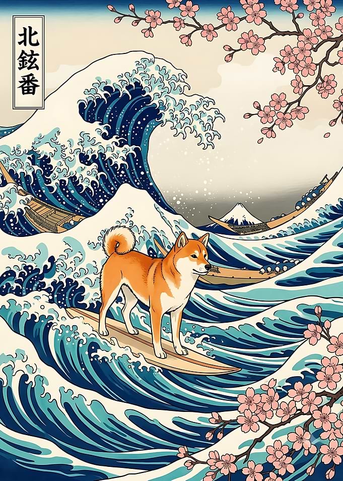 Shiba Inu Surfing The Great Wave