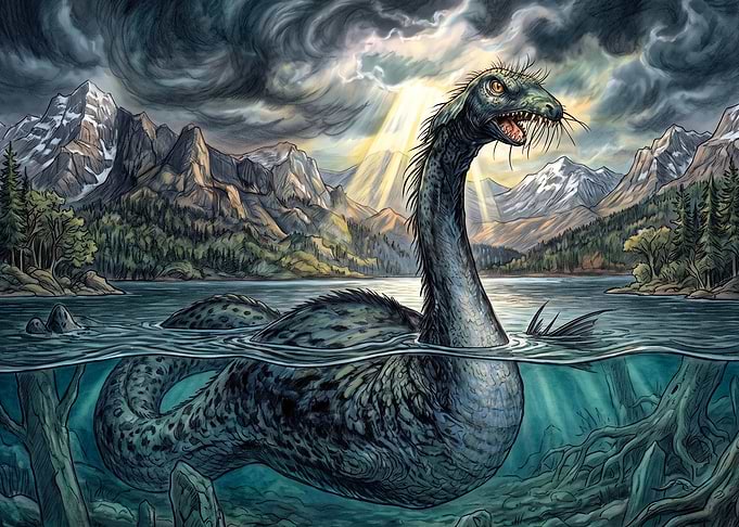 Loch Ness Monster in Mountain Lake