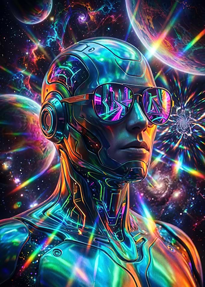 Iridescent Cyborg in Cosmic Space