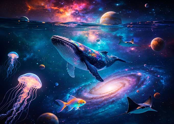 Cosmic Ocean Whale and Jellyfish