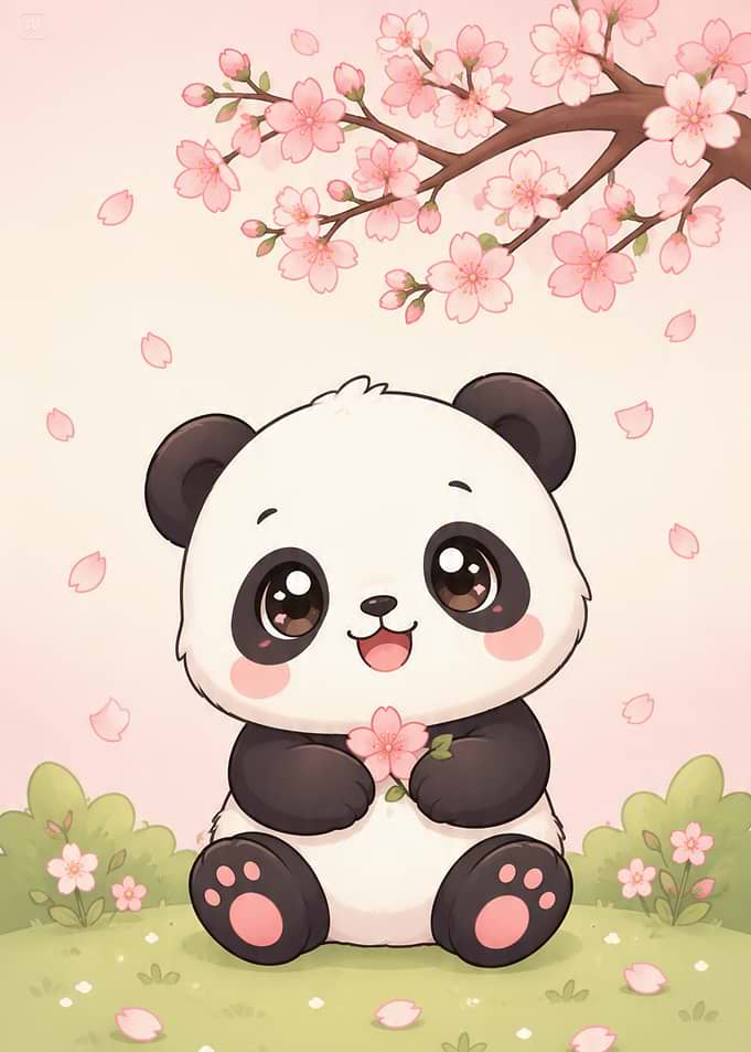 Cute Baby Panda with Cherry Blossoms