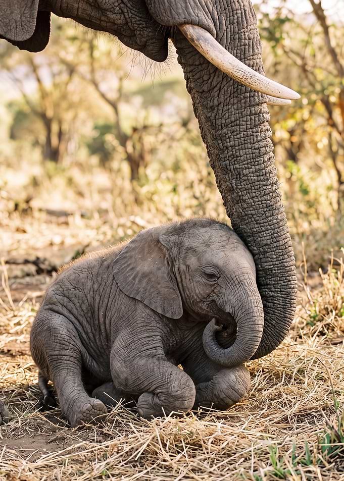 Baby Elephant Resting Under Mother