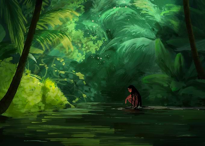 Girl by a Tropical Jungle Stream