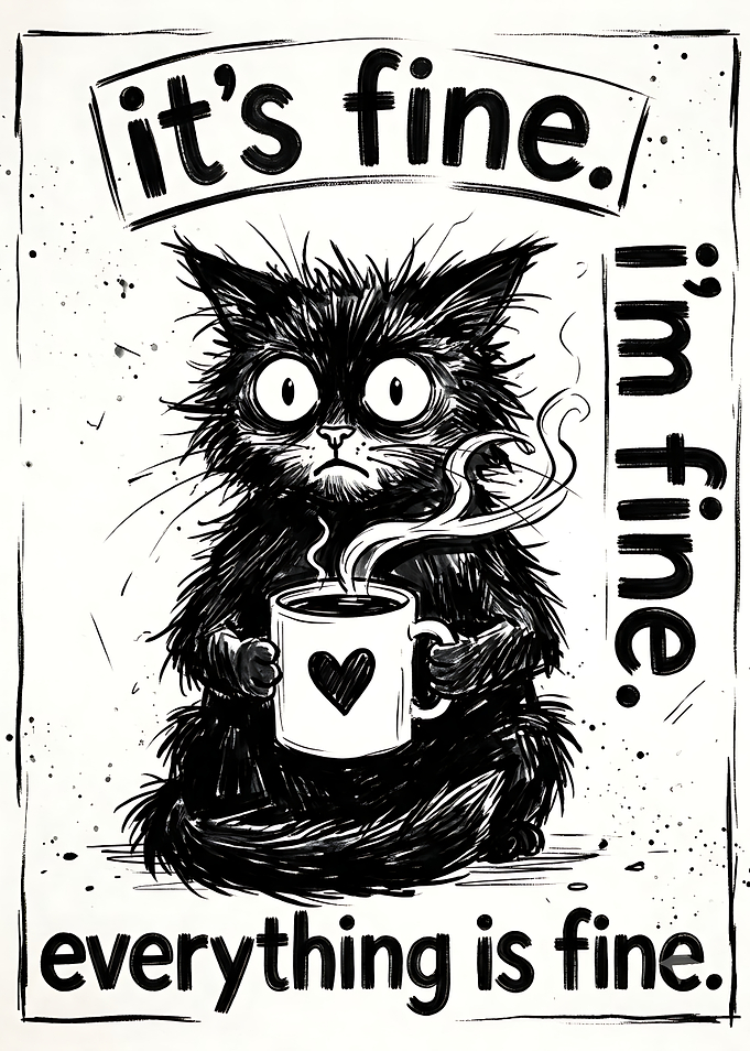 Stressed Black Cat Coffee Illustration