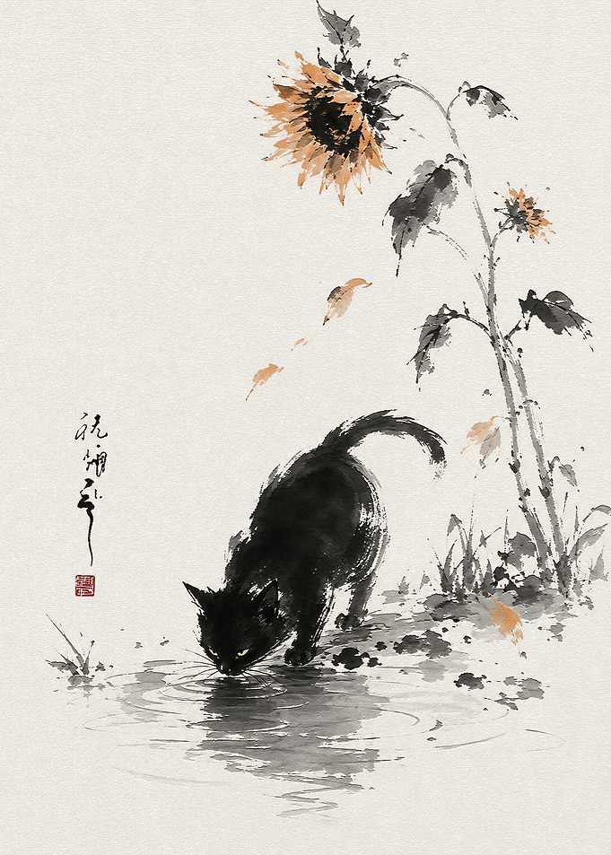 Black Cat Drinking by Sunflower
