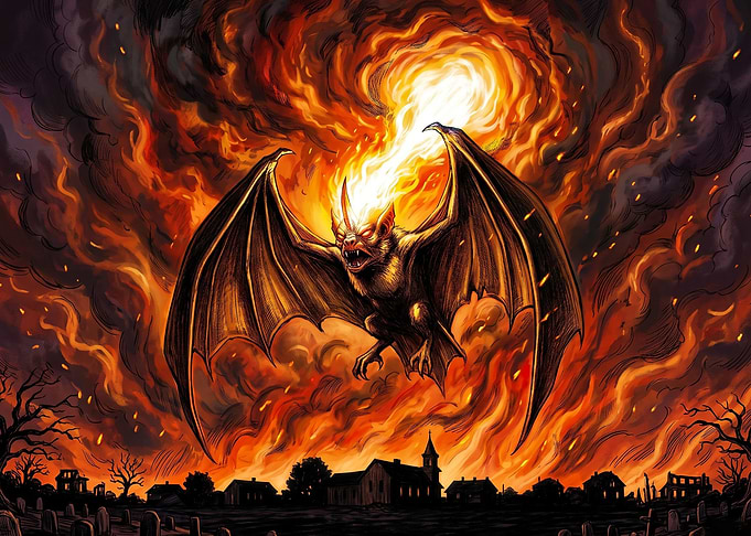 Fiery Bat Demon Over Burning Village