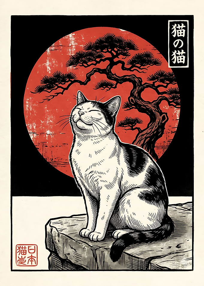Japanese Woodblock Style Cat Illustration