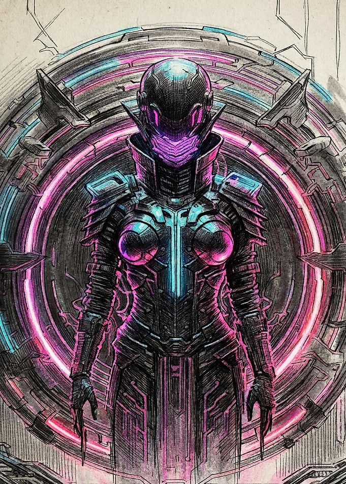 Cybernetic Warrior in Neon Portal