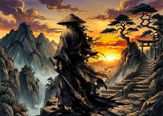 Lone Samurai at Sunset