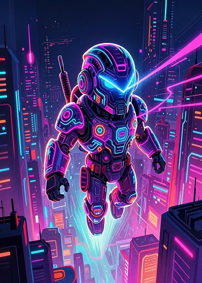Neon Cyberpunk Chibi Robot Warrior