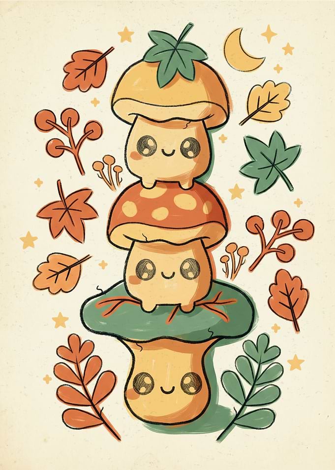 Cute Stacked Mushroom Friends Illustration