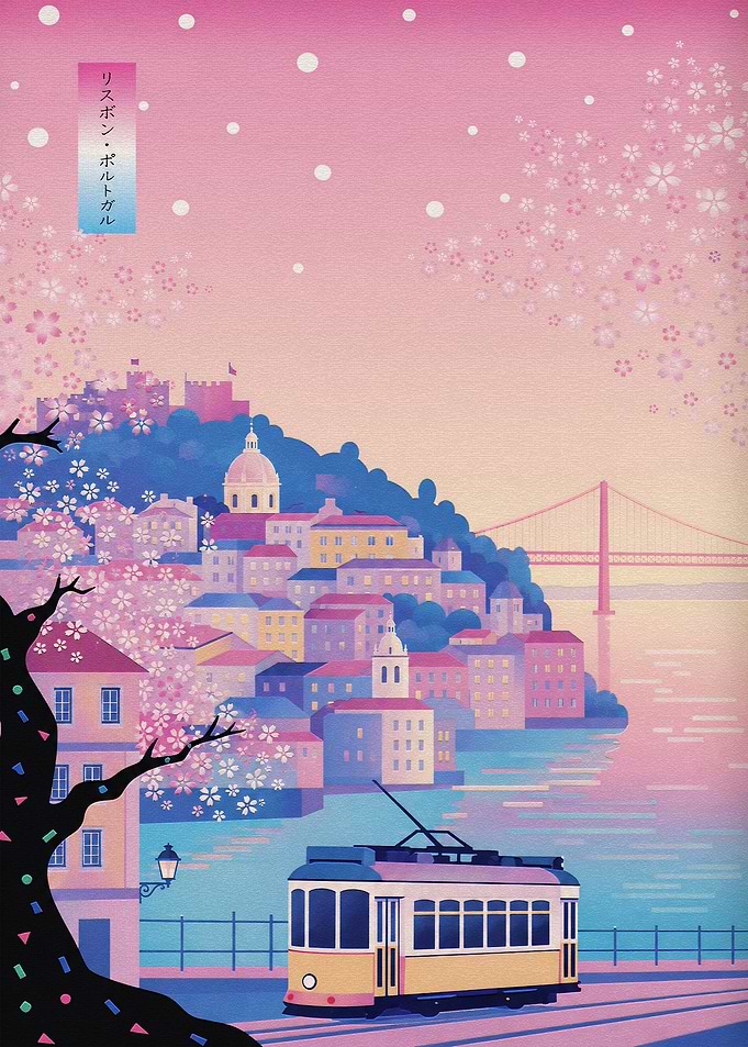 Lisbon Tram in Cherry Blossom Season