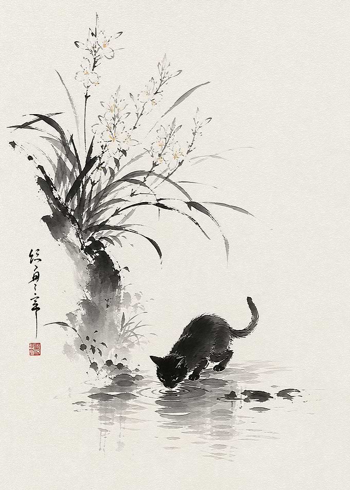 Black Cat Drinking from Water