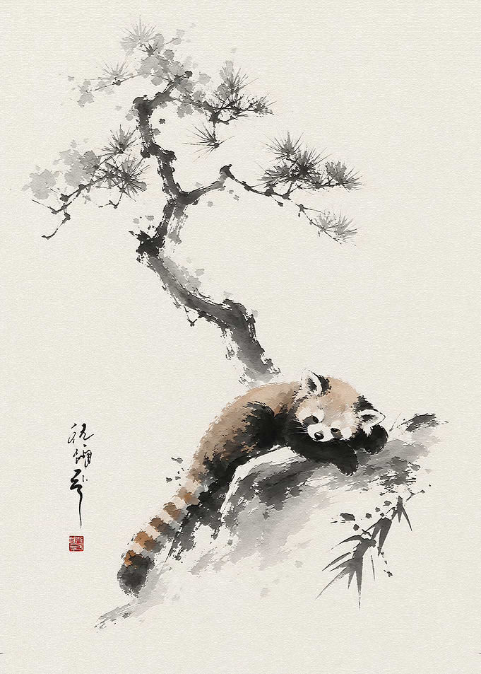 Red Panda Resting in Pine Tree