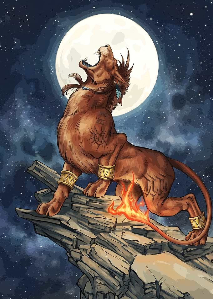 Fantasy Roaring Red Lion Beast Under Full Moon