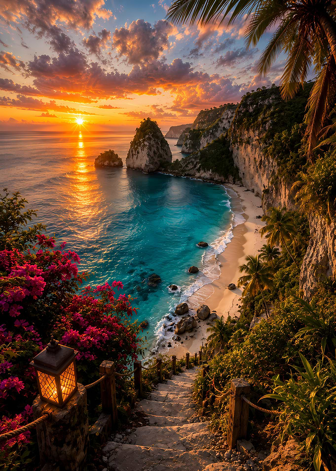Tropical Sunset Beach Stairway View