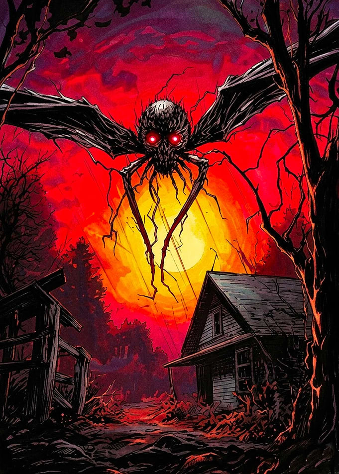 Mothman Terror Over Rural House