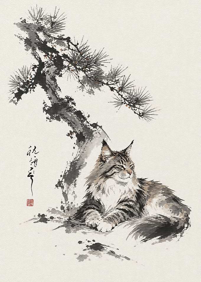 Maine Coon Cat Under Pine Tree