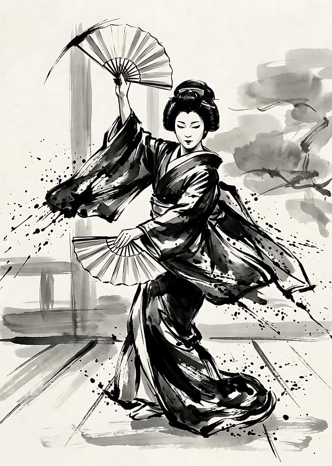 Ink Wash Painting of Geisha Dancer