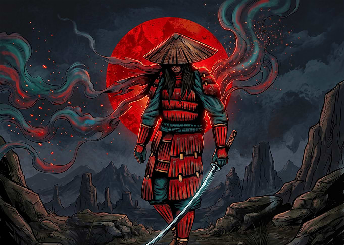 Samurai Warrior Under Red Moon