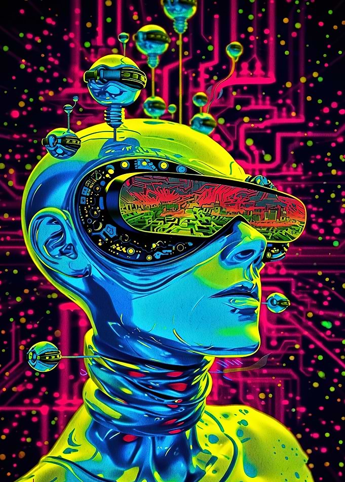 Neon Cybernetic Humanoid Virtual Reality