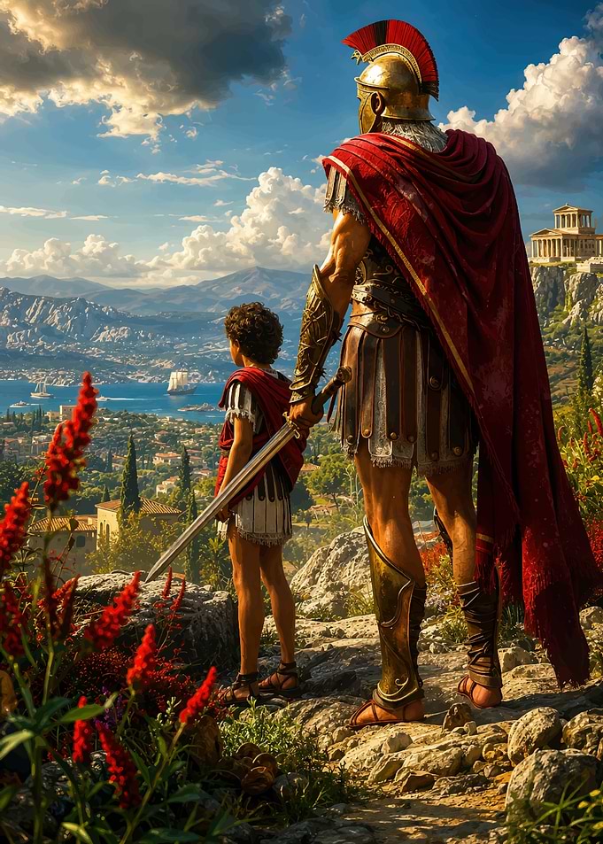 Roman Warrior and Child Overlooking City