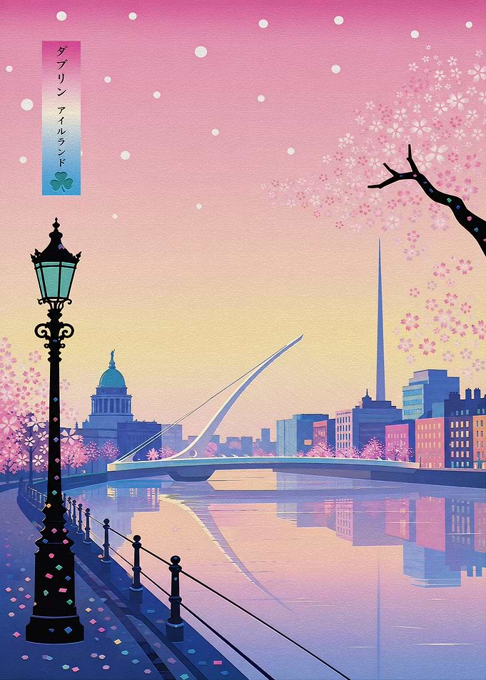 Dublin Cityscape with Cherry Blossoms