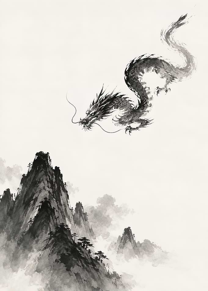 Japanese Ink Painting Flying Dragon