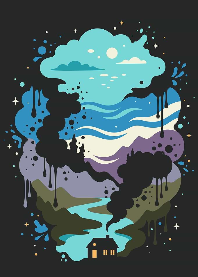 Whimsical Landscape with Dripping Ink Clouds