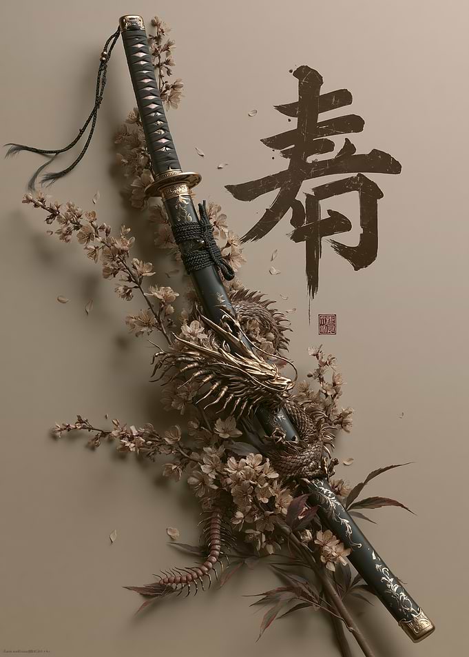 Ornate Dragon Katana with Cherry Blossoms