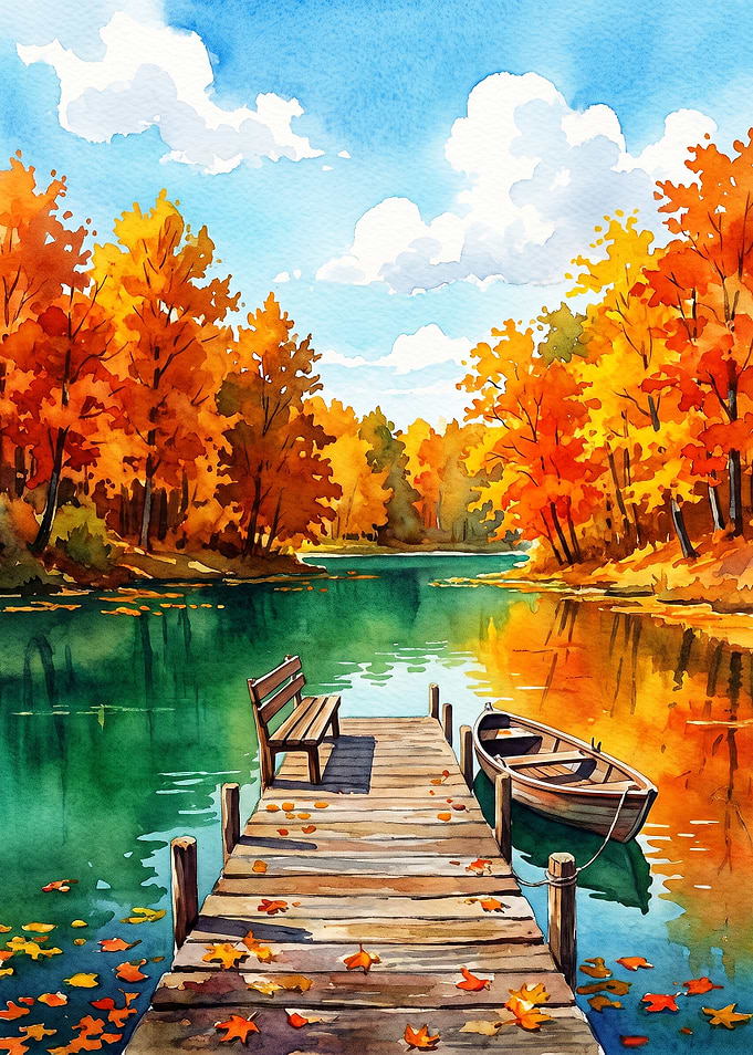 Autumn Lake Pier Watercolor Painting