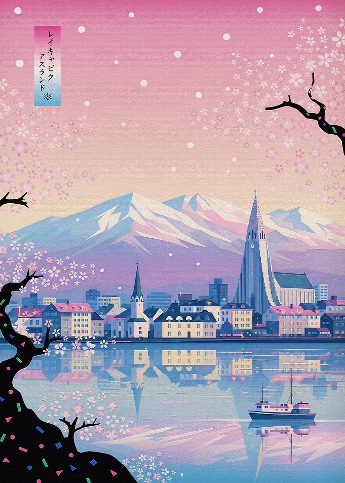 Reykjavik Cityscape with Cherry Blossoms