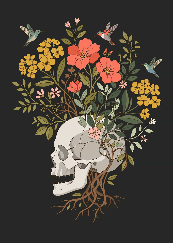 Floral Skull with Hummingbirds Illustration