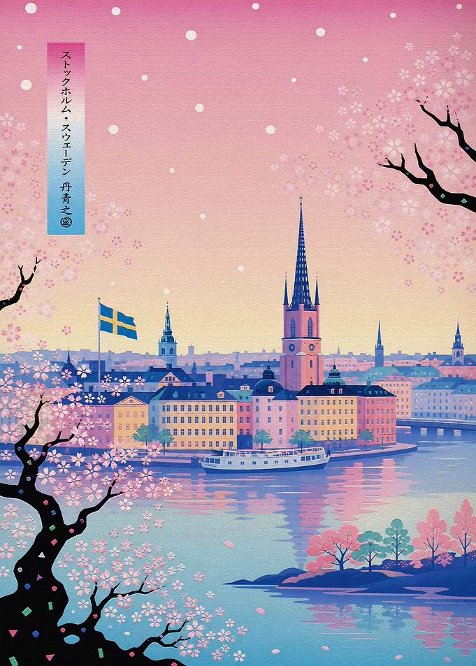 Stockholm Cityscape with Cherry Blossoms