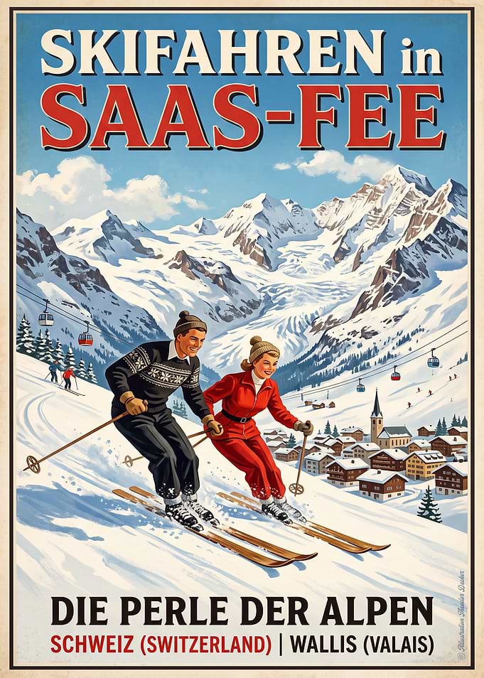 Vintage Saas-Fee Skiing Travel Poster