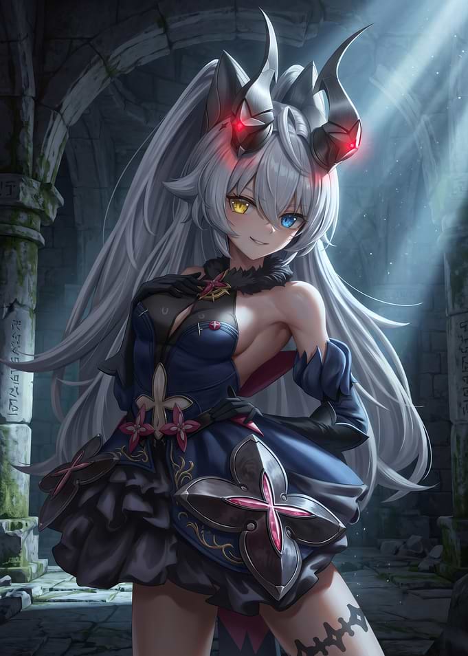 Anime Demon Girl in Ruined Temple
