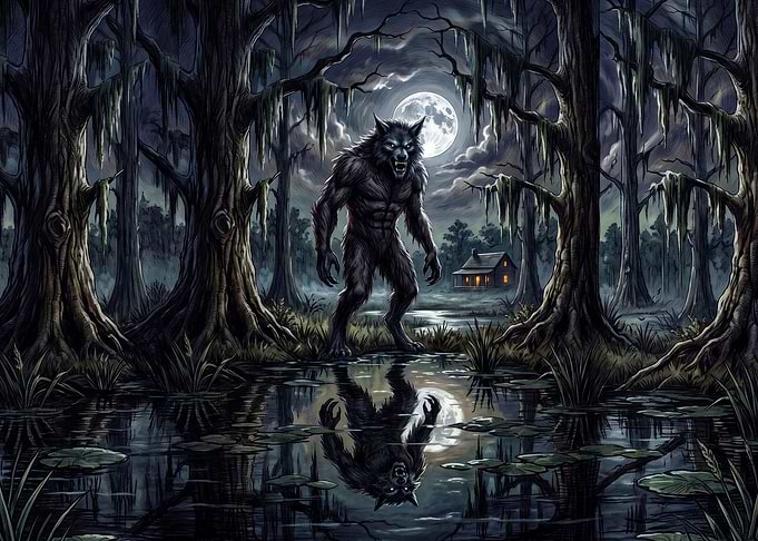 Werewolf Standing in a Dark Swamp