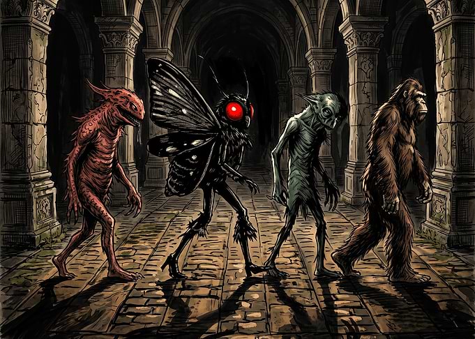Cryptid Parade in Gothic Hallway
