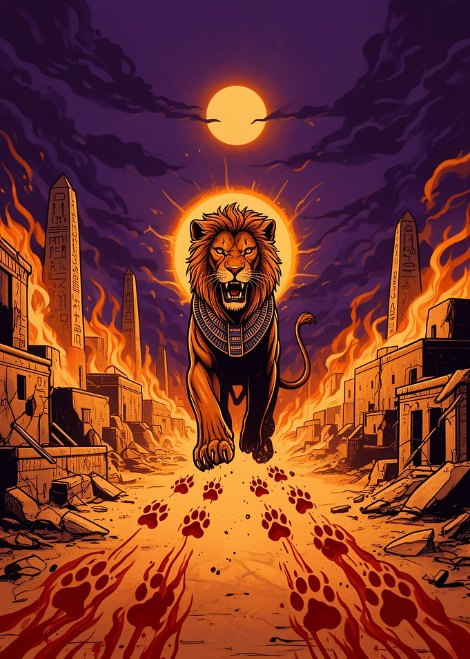 Egyptian Lion God in Burning City