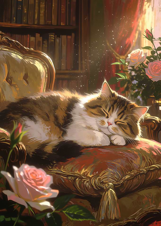 Sleeping Cat in Sunlit Library