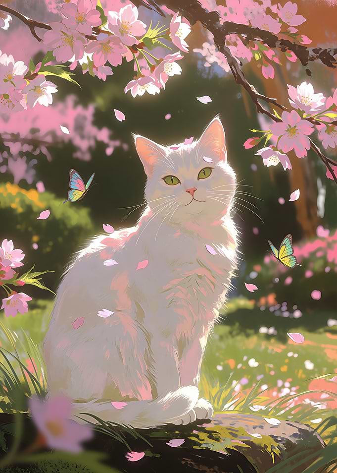 White Cat Under Cherry Blossoms