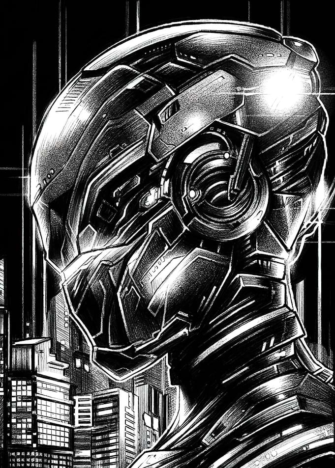 Cybernetic Robot Head in Cityscape